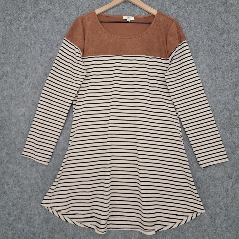 Umgee Dress Womens M‎ Black White Stripe Brown Faux Suede Elbow Patch Pockets
